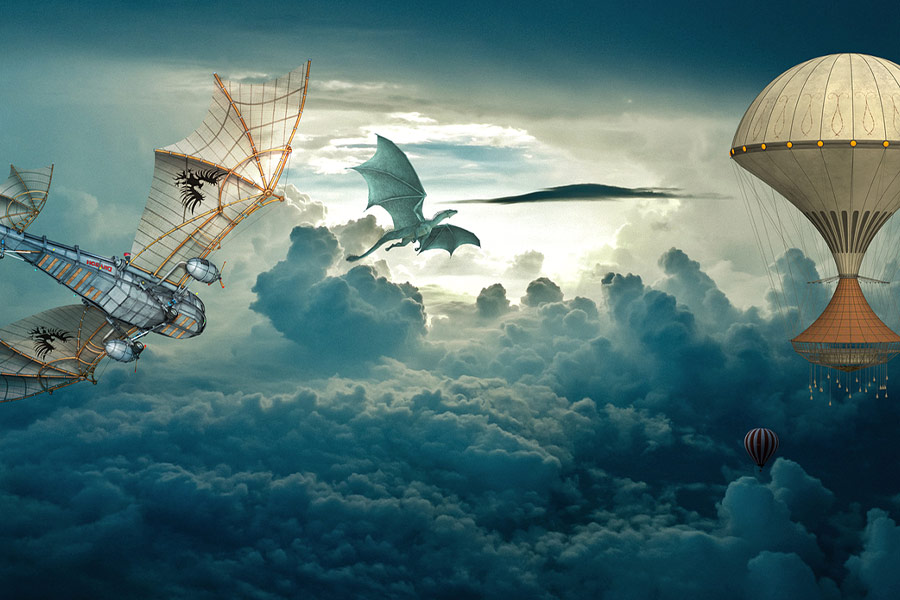 Steampunk balloons dragon illustration
