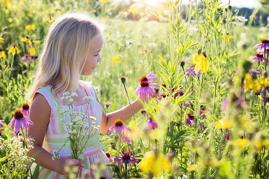 Little girl and wildflowers
