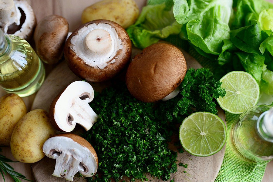 Mushrooms vegetables and herbs