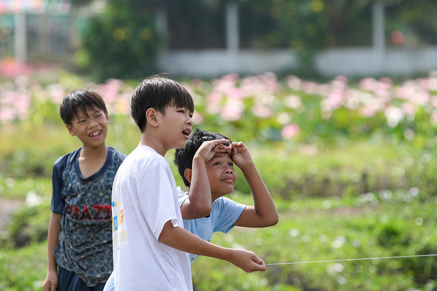 Young boys playing flying kite