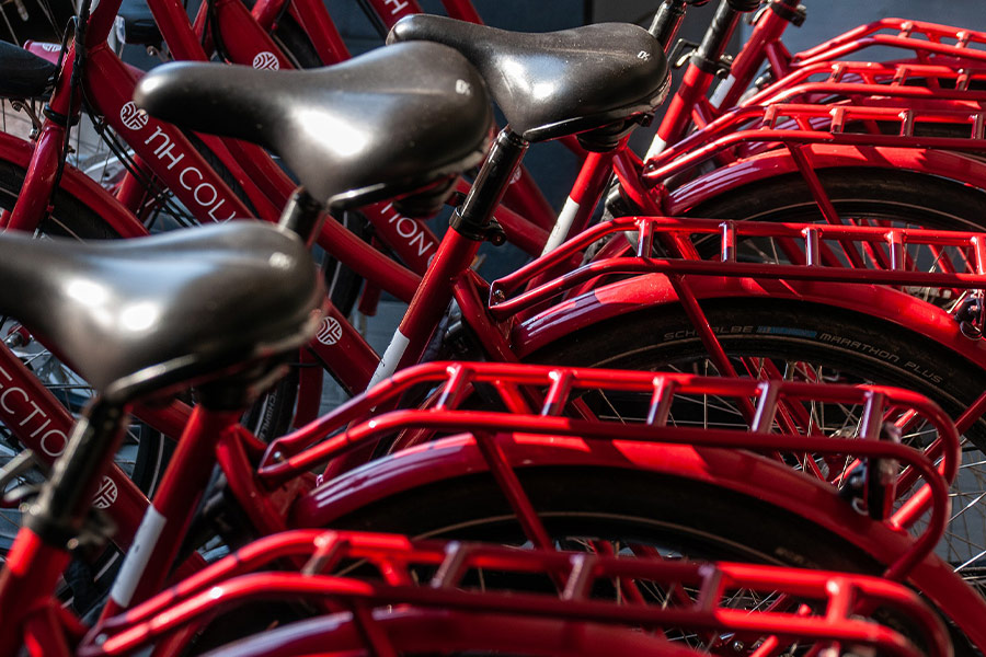 Red bicycles parked