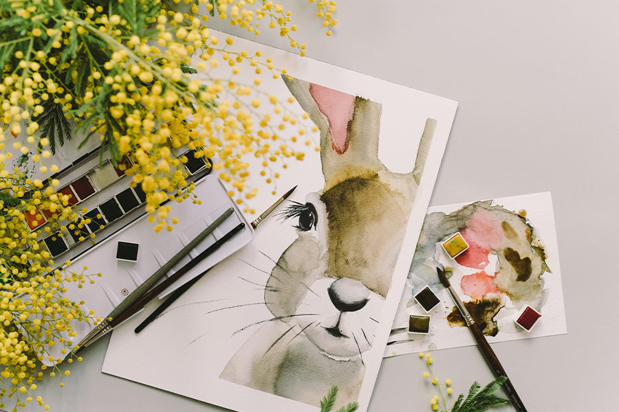 Yellow flowers bunny painting