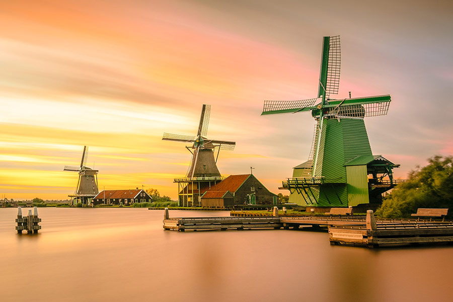 Netherlands sunset windmills view