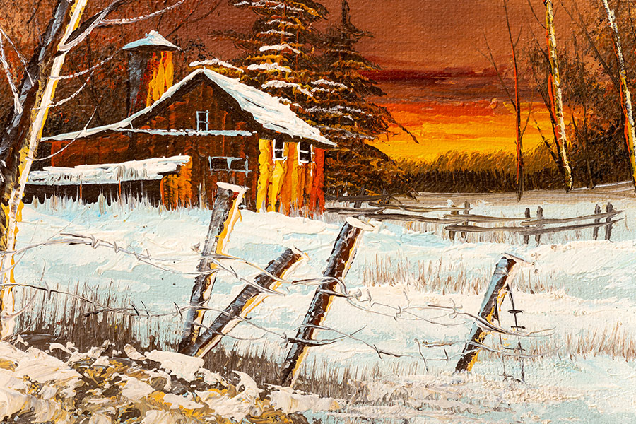 Rural sunset winter landscape oil painting