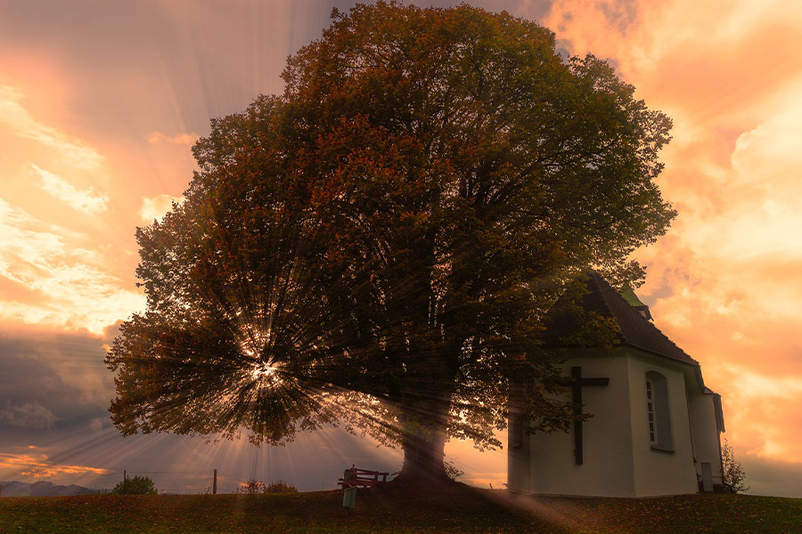 Sunset chapel sun rays