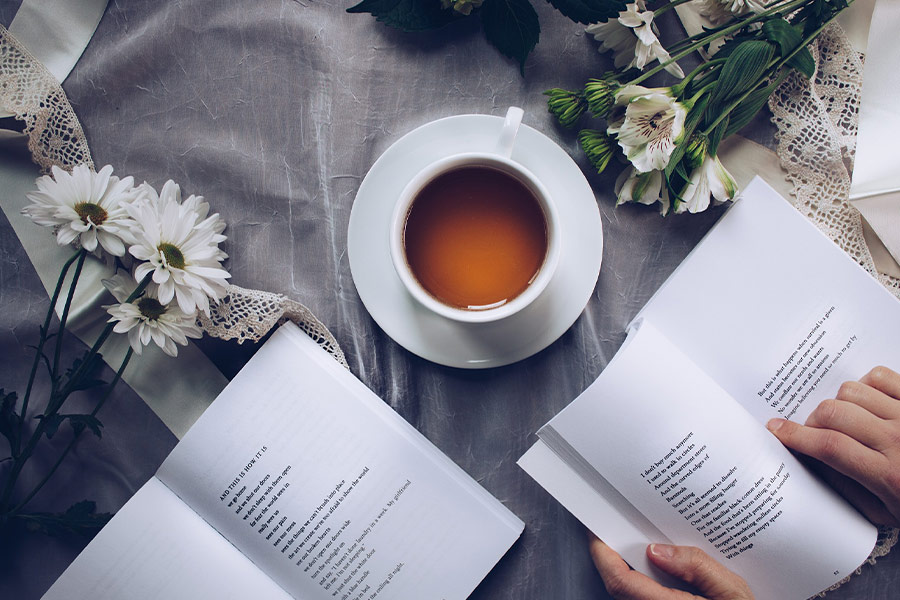 Leisure poetry reading with tea