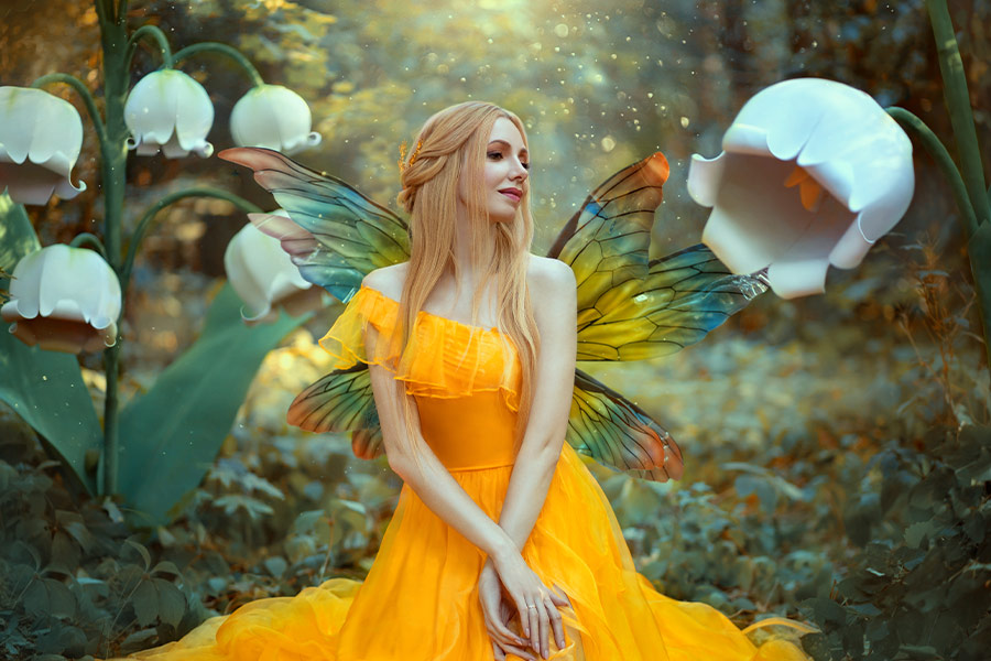 Fantasy woman in bright yellow dress