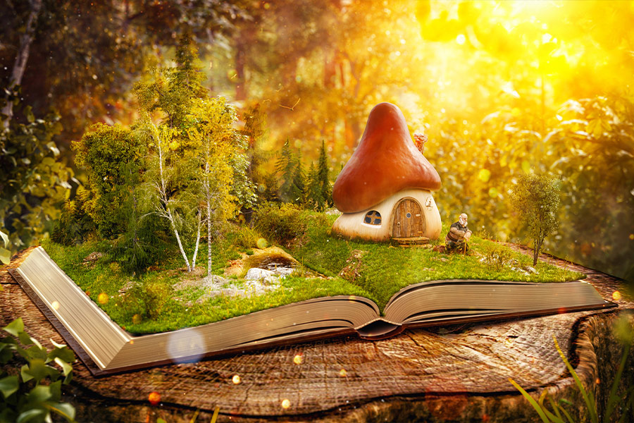 Magical mushroom house on page opened book