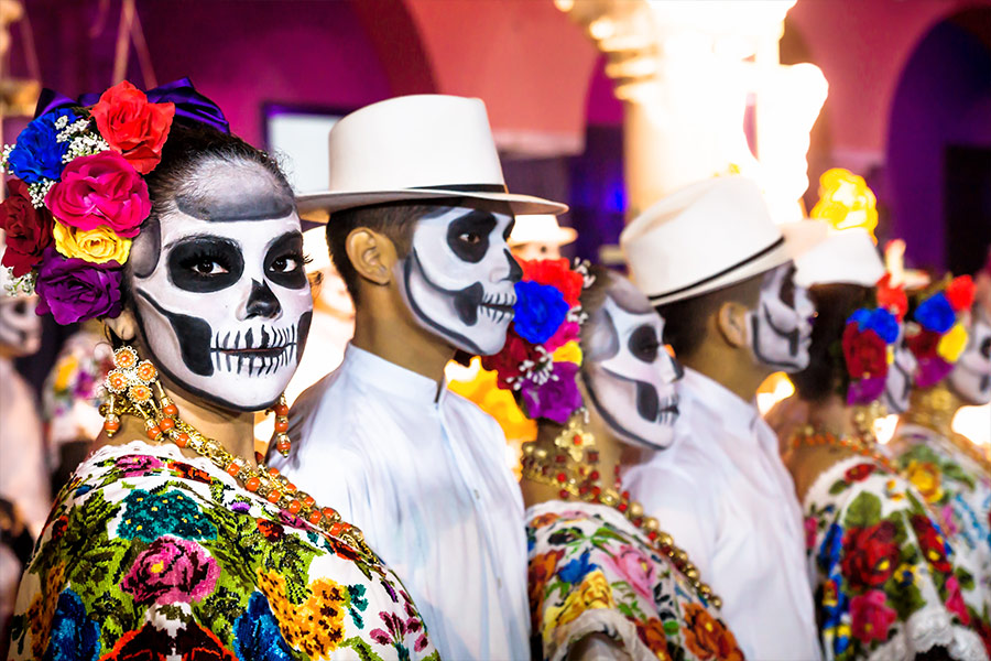 Merida Mexico performers catrina skulls make up