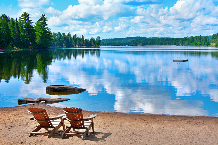 Wooden deck chairs shore lake Canada