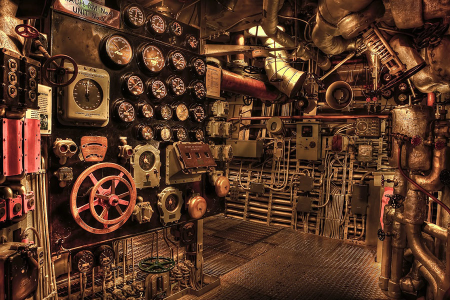 Historic navy war battleship engine room