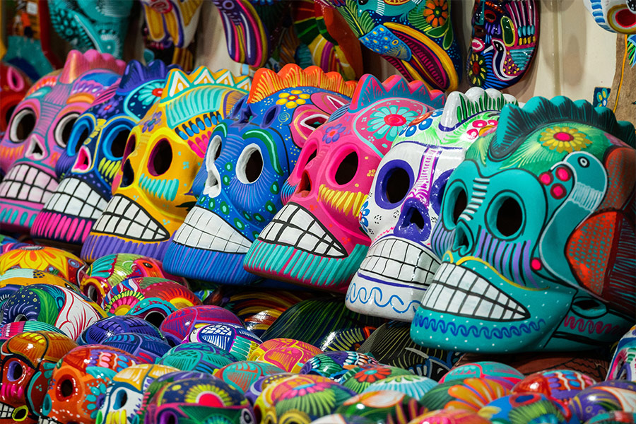 Colourful skulls street market Mexico