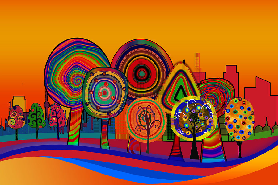 Colorful art trees circle wave