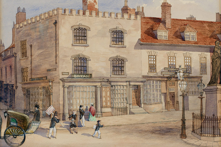 Painting of gray and brown building