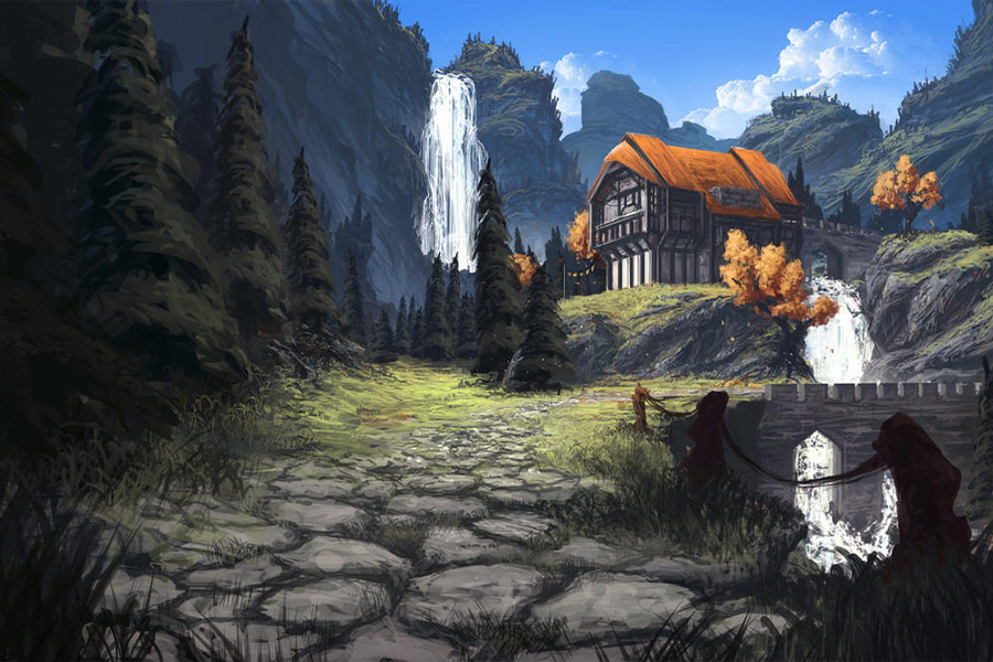 Hut in the mountain river art