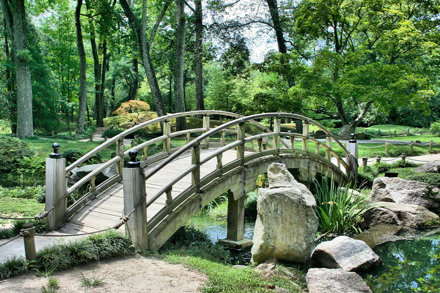 Japanese arch bridge green garden park
