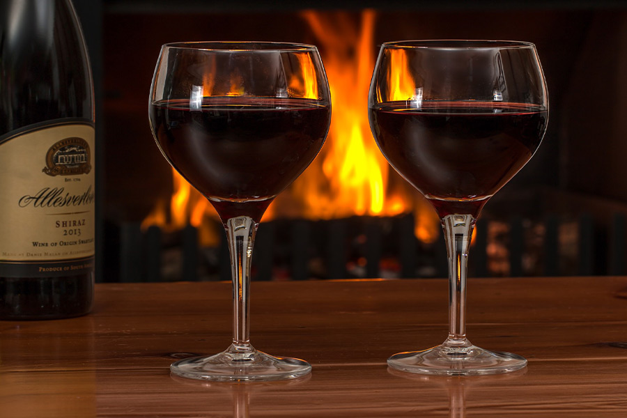 Log fire red wine