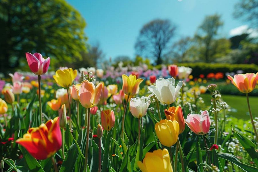 Garden with variety of beautiful flowers