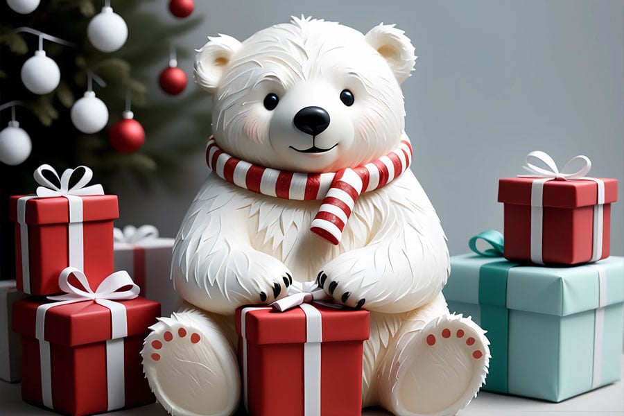 Figurine of a polar bear with a Christmas theme