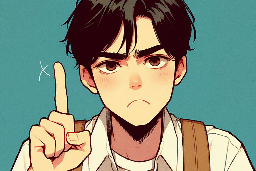 Mężczyzna z anime z palcem wskazującym