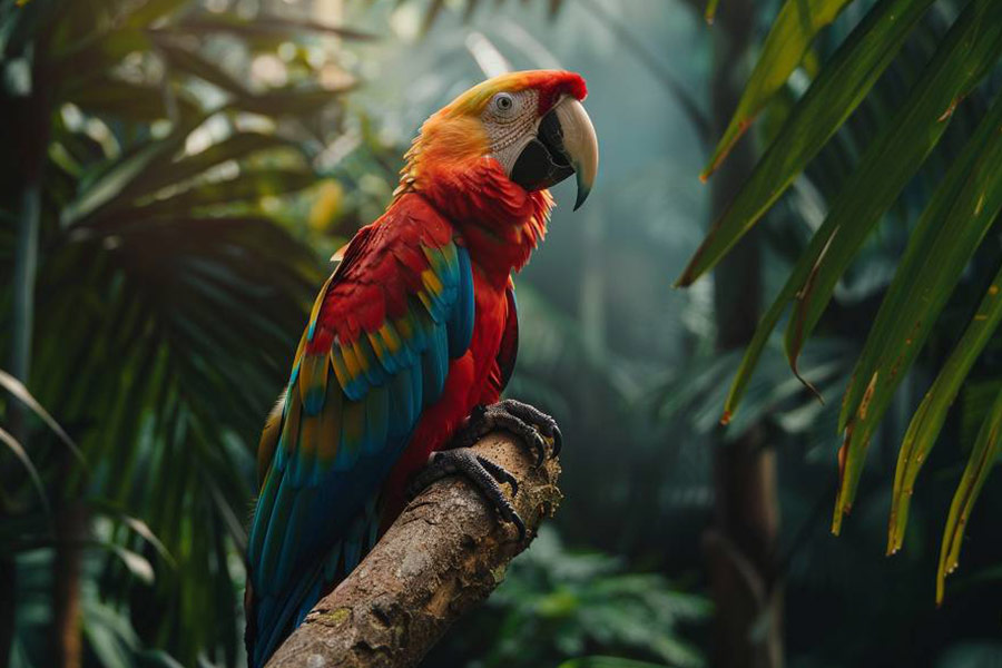 Loro colorido posado en una rama en un entorno tropical.