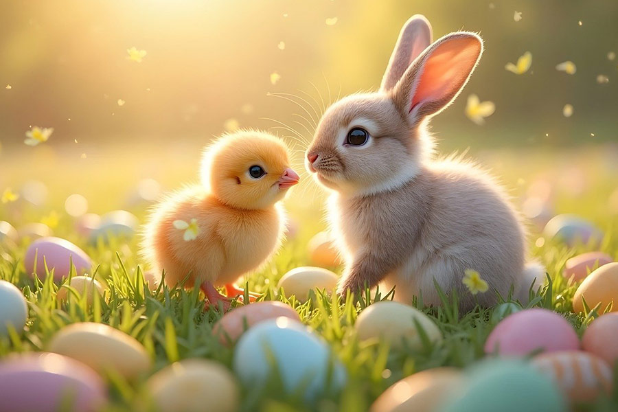 Bunte Eier, Baby-Kaninchen und Küken