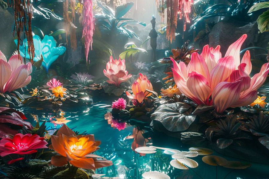 Giardino ultraterreno con gigantesca acqua blu brillante