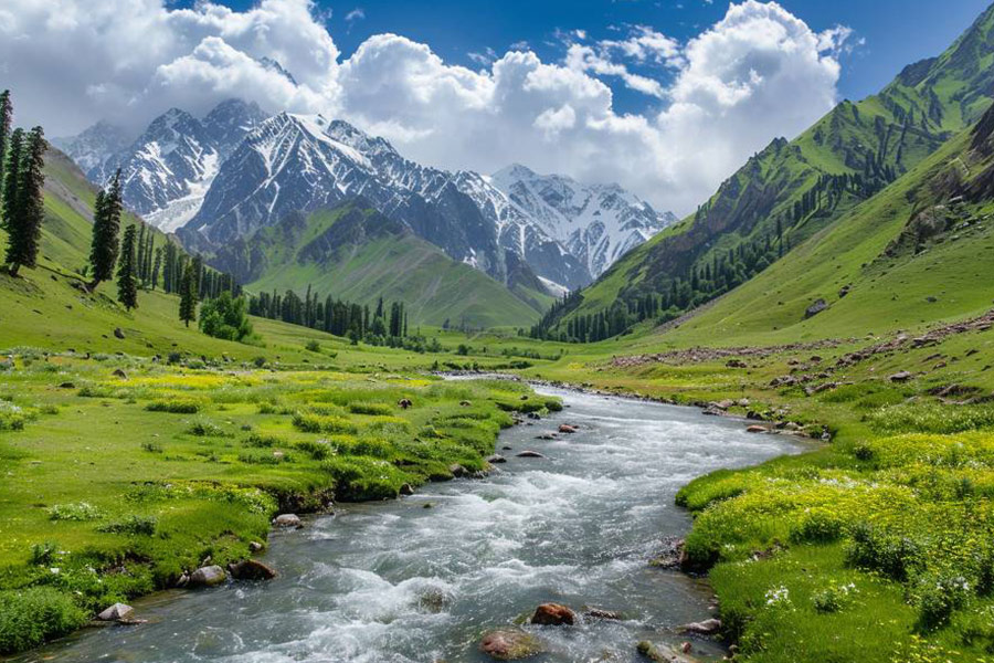 Valle con lago sinuoso