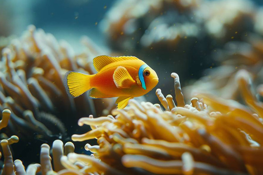 Gele kleine vissen zwemmen langs de koralen