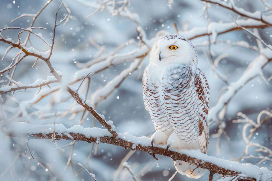 Gufo delle nevi su un ramo di un albero