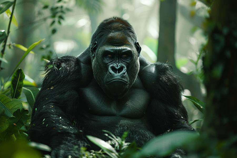 Een krachtige gorella die in een weelderige jungle zit