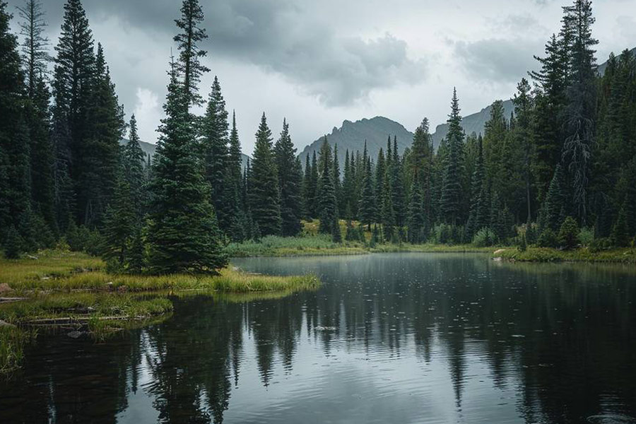 Lago circondato da grandi alberi