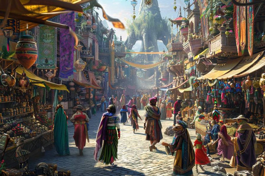 Fantasievoller Ort mit Marktszene