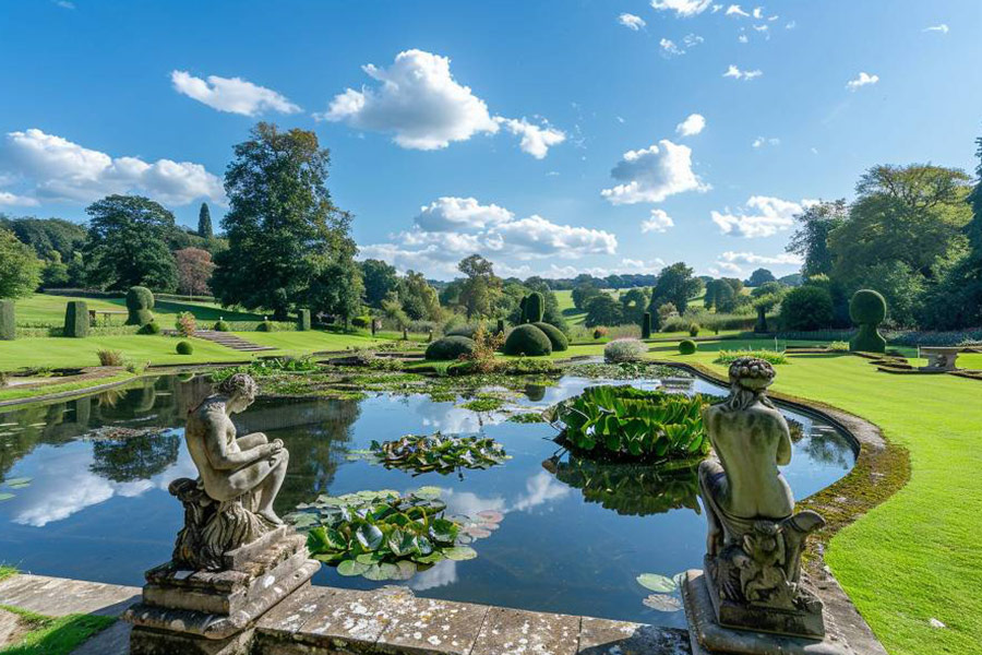 Wunderschöne englische Parkgartenlandschaft und Pool
