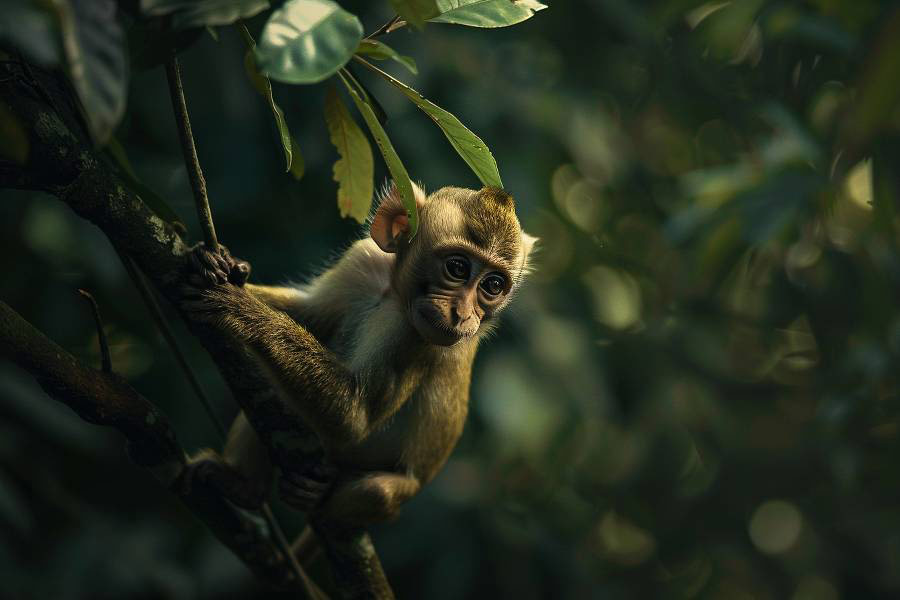 Aap hangt aan een boomtak