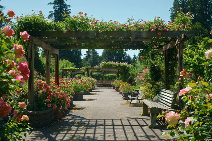 Allées de jardins avec des rangées de roses