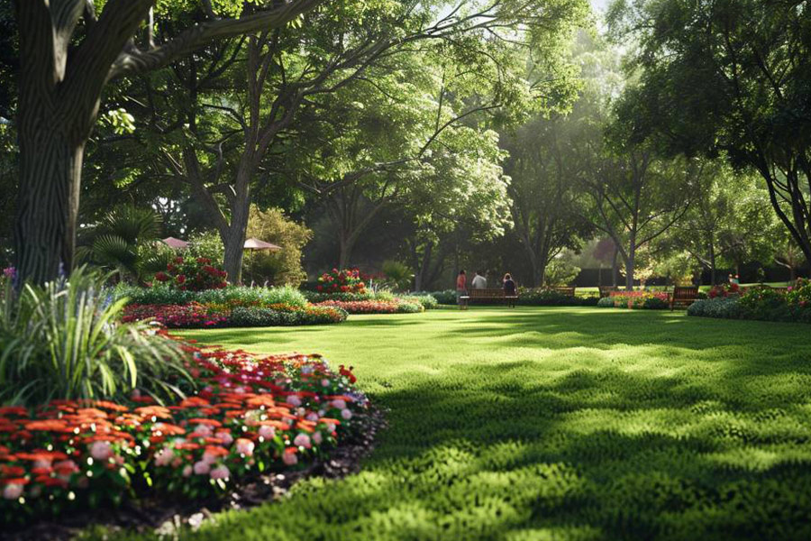 Gartenpark mit ausgedehnten Rasenflächen und blühenden Blumen