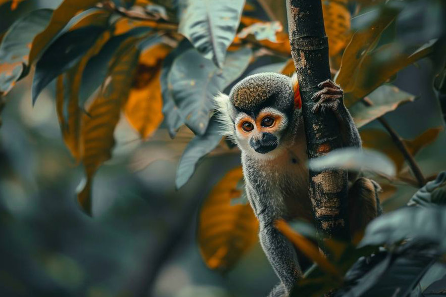 Een nieuwsgierige aap hangt aan een boomtak