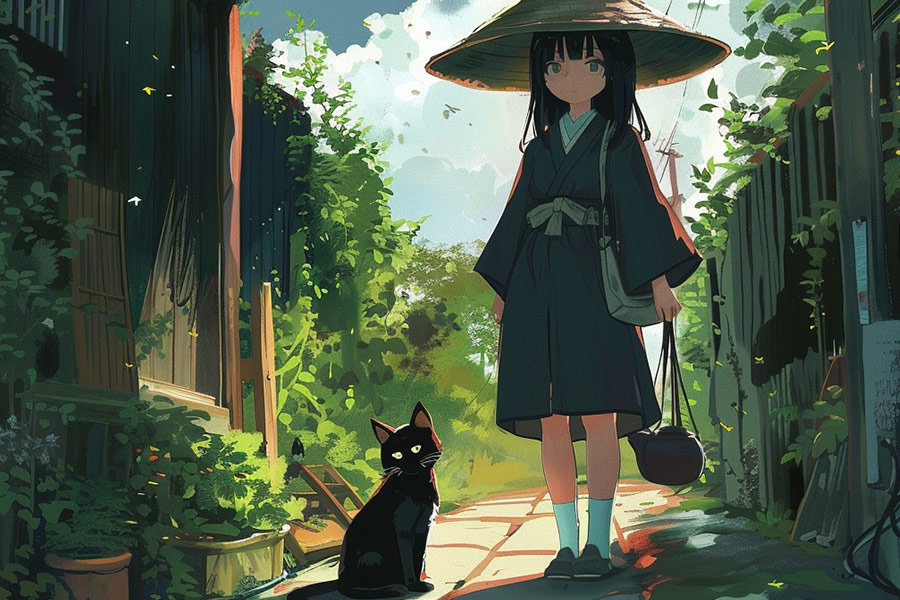 Asiatisches Mädchen mit Hut und Katze