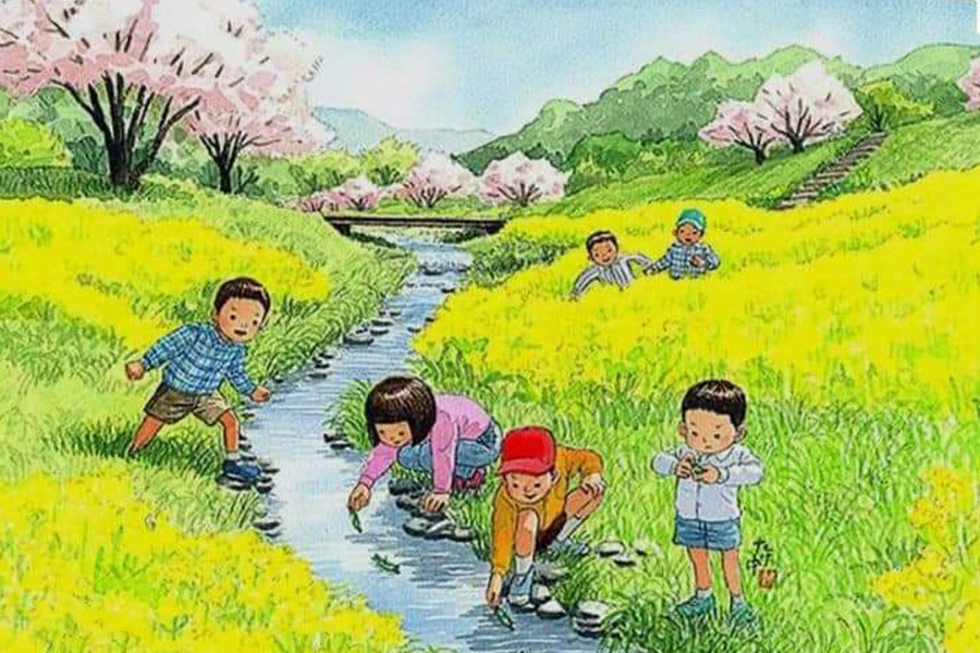 Abbildung: Kinder spielen auf dem Fluss mit Booten