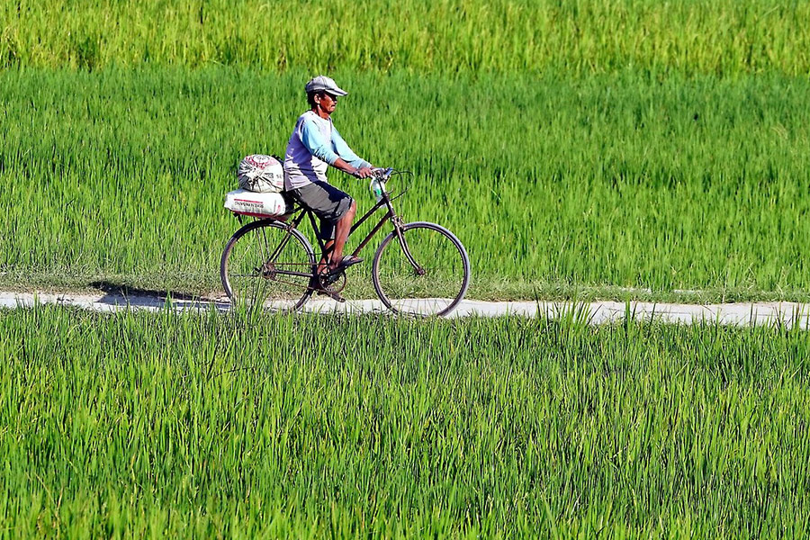 Mann radelt auf dem Weg