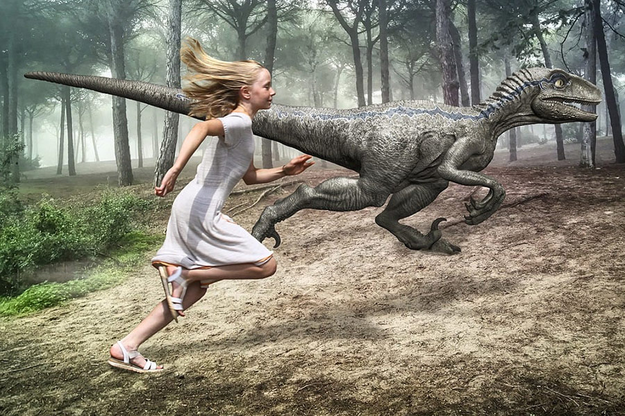 Girl run with dinosaur