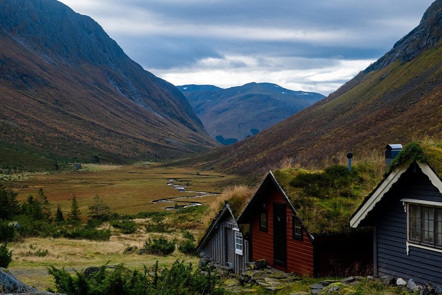Norway landscape valley cabin