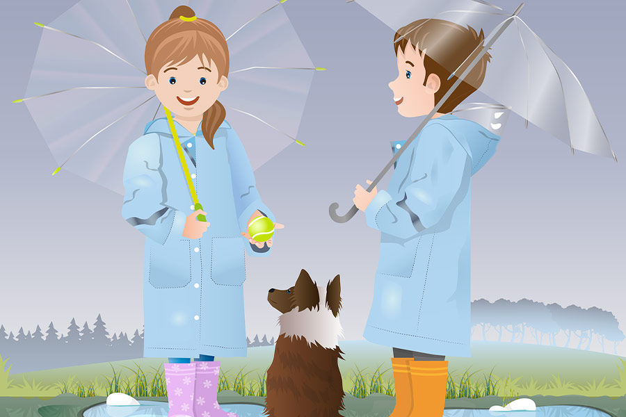 Children under umbrella cartoon