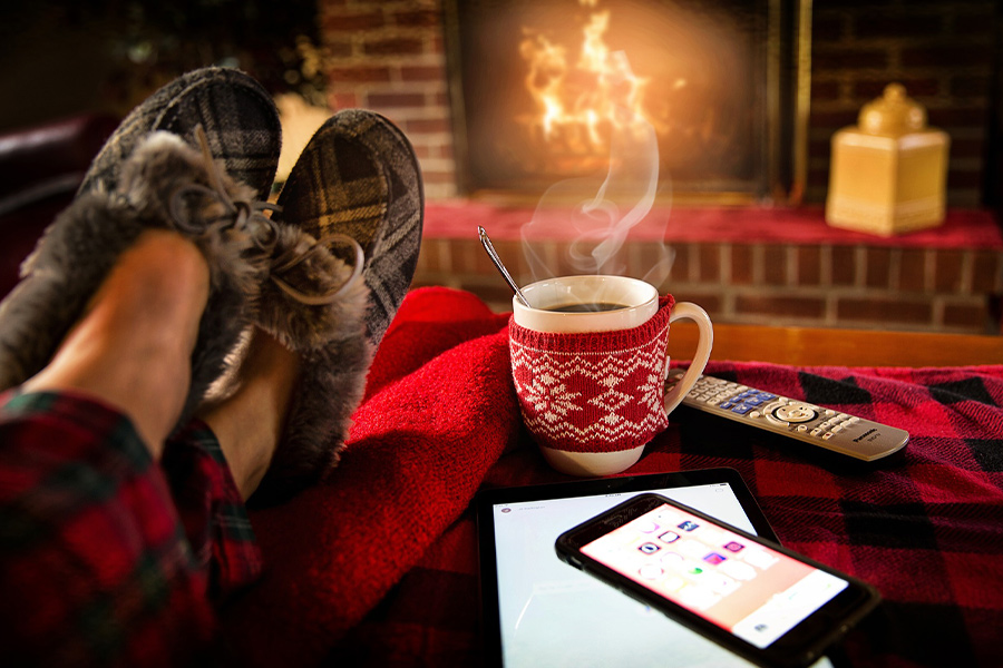Winter relaxing fireplace coffee