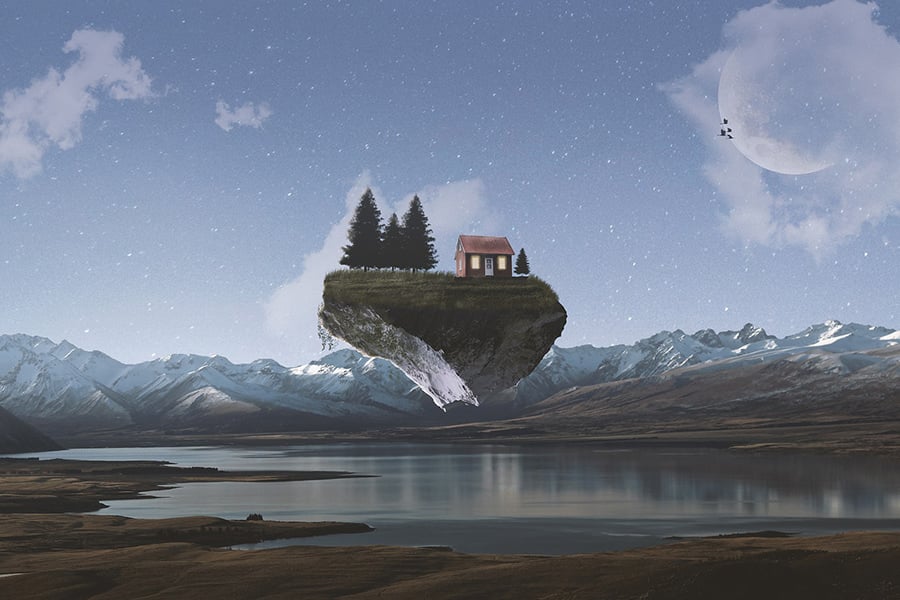 Floating mountain with house