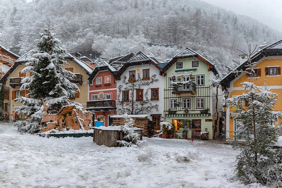 Panorama of Hallstatt Austria with snow