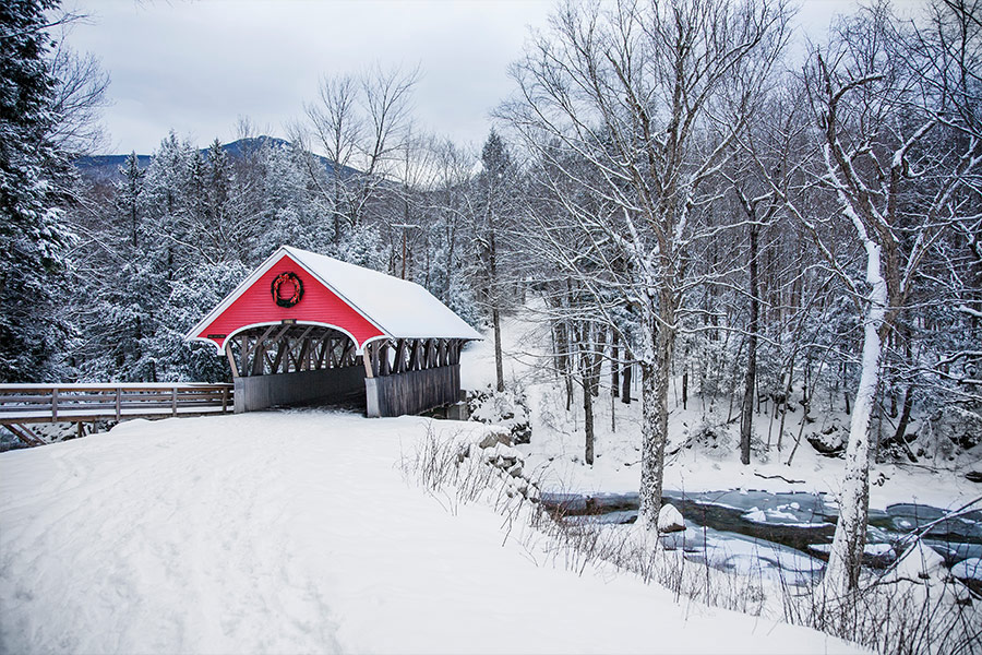 A red bridge snow covered winter