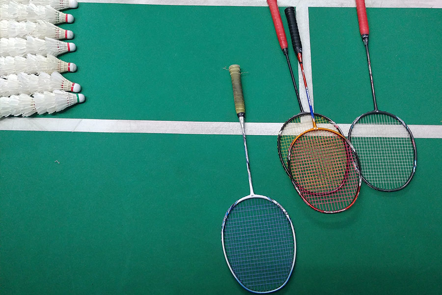 Badminton court and rackets
