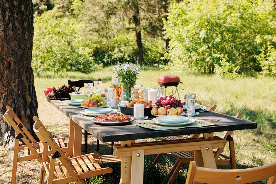 Festive table with foods and drinks